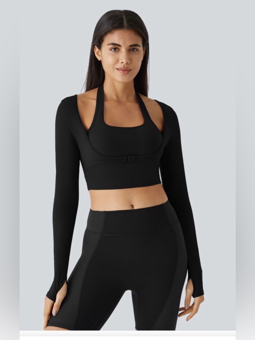 HALARA Black Long-Sleeve Crop Shrug with Built-In Sports Bra